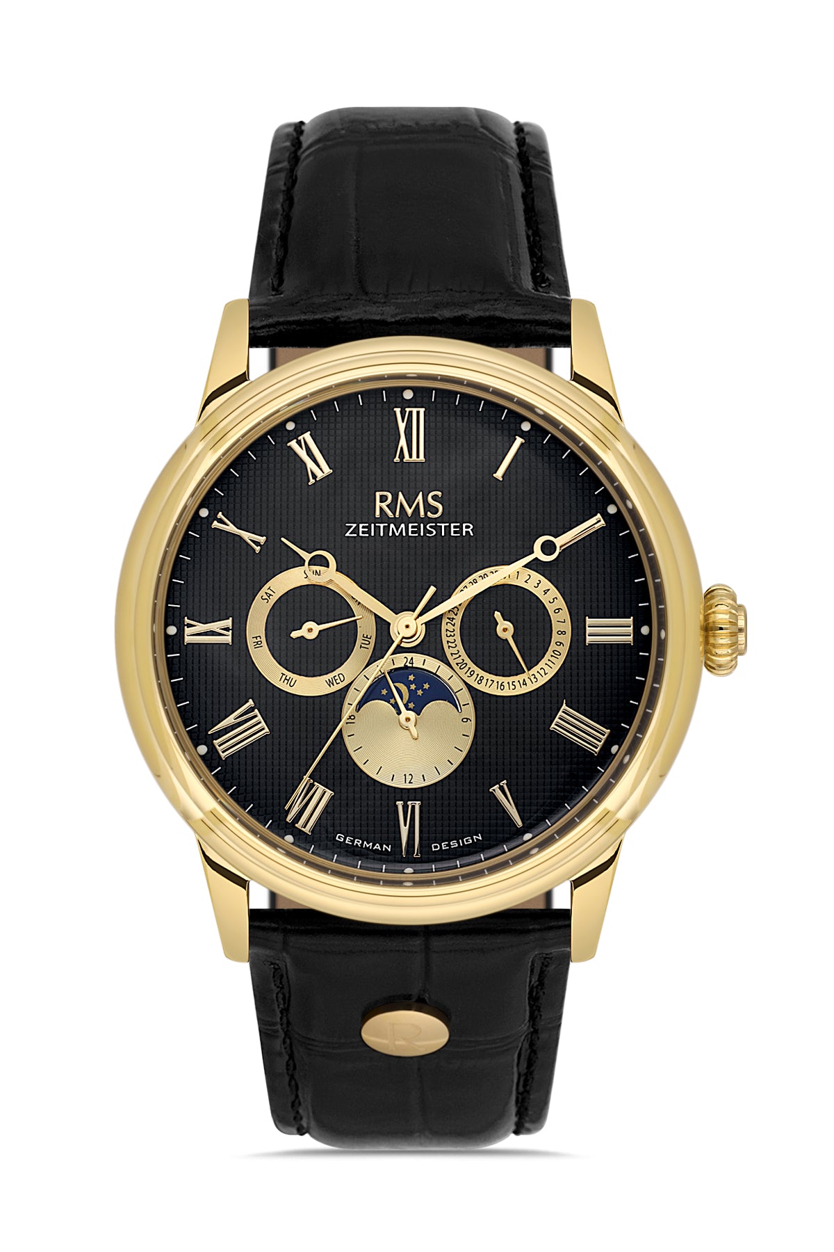 RMS Men's Black Dial Gold Leather Strap Watch - RMS.1.AG2078.05