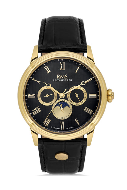 RMS Zeitmeister Black Dial Gold Plated Men's Watch - Black Genuine Leather Strap - RMS.1.AG2078.05
