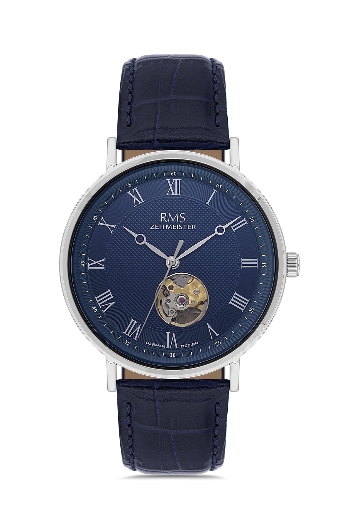 RMS Men's Blue Dial Silver Automatic Leather Watch - RMS.1.AG2091.103