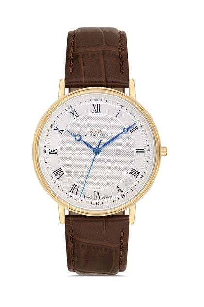 RMS Zeitmeister Silver Dial Gold Plated Men's Watch - Brown Genuine Leather Strap - RMS.1.AG2091.160-GA22