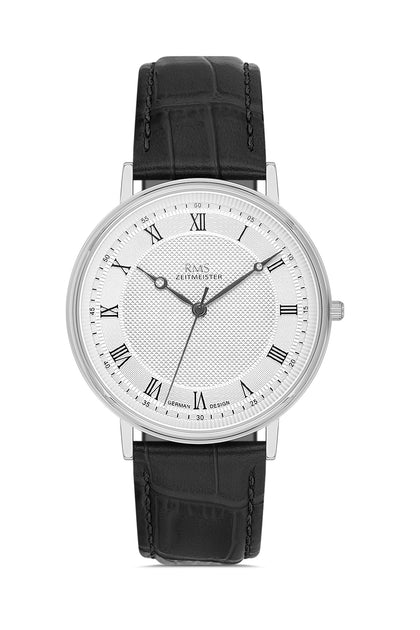 RMS Zeitmeister Silver Dial Silver Plated Men's Watch - Black Genuine Leather Strap - RMS.1.AG2091.90-WA21