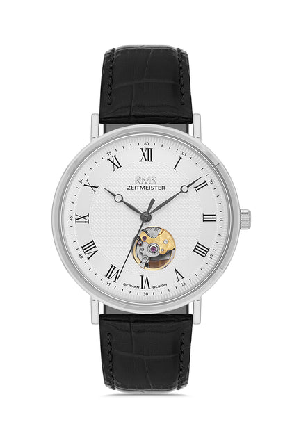 RMS Zeitmeister White Dial Silver Plated Men's Watch - Black Genuine Leather Strap - RMS.1.AG2091.90
