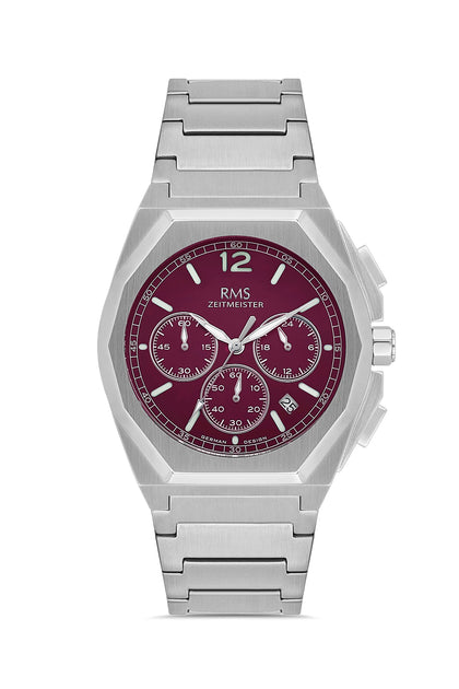 RMS Zeitmeister Red Dial Silver Plated Men's Watch - Stainless Steel Bracelet - RMS.1.AG2096.113