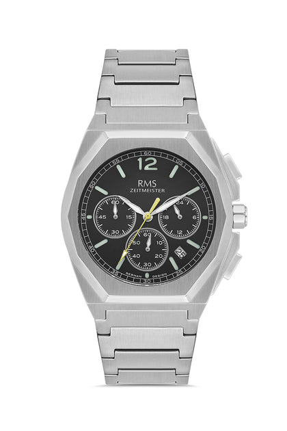 RMS Zeitmeister Black Dial Silver Plated Men's Watch - Stainless Steel Bracelet - RMS.1.AG2096.12