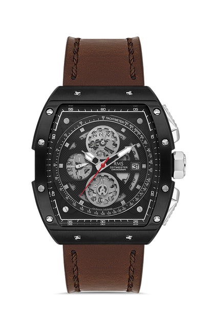 RMS Zeitmeister Black Dial Black Plated Men's Watch - Brown Genuine Leather Strap - RMS.1.AG2098.202