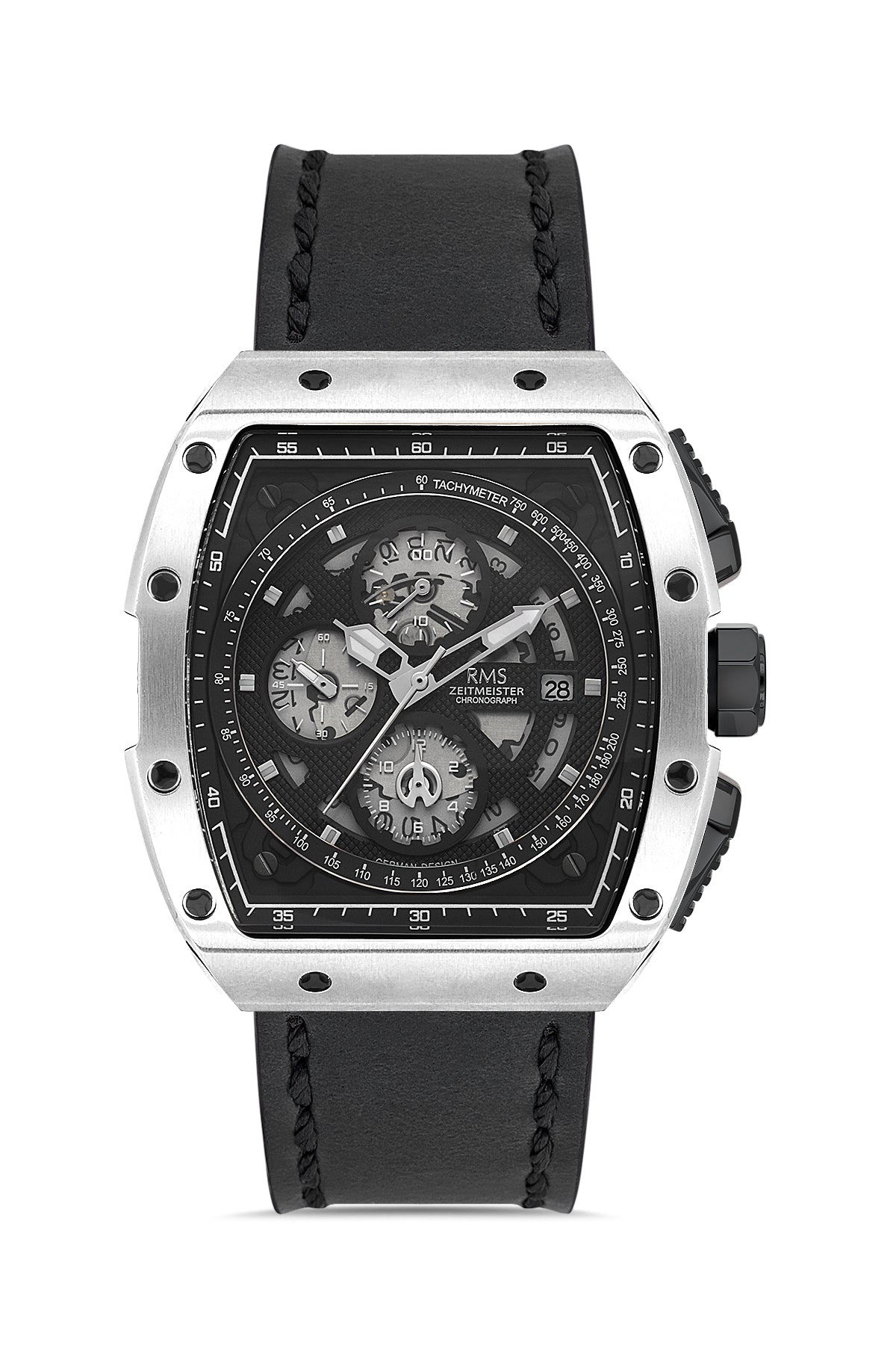 RMS Men's Black Dial Silver Chronograph Leather Watch - RMS.1.AG2098.92