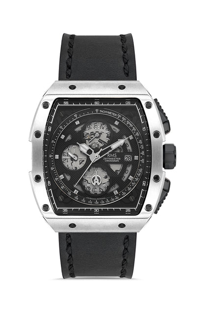 RMS Zeitmeister Black Dial Silver Plated Men's Watch - Black Genuine Leather Strap - RMS.1.AG2098.92