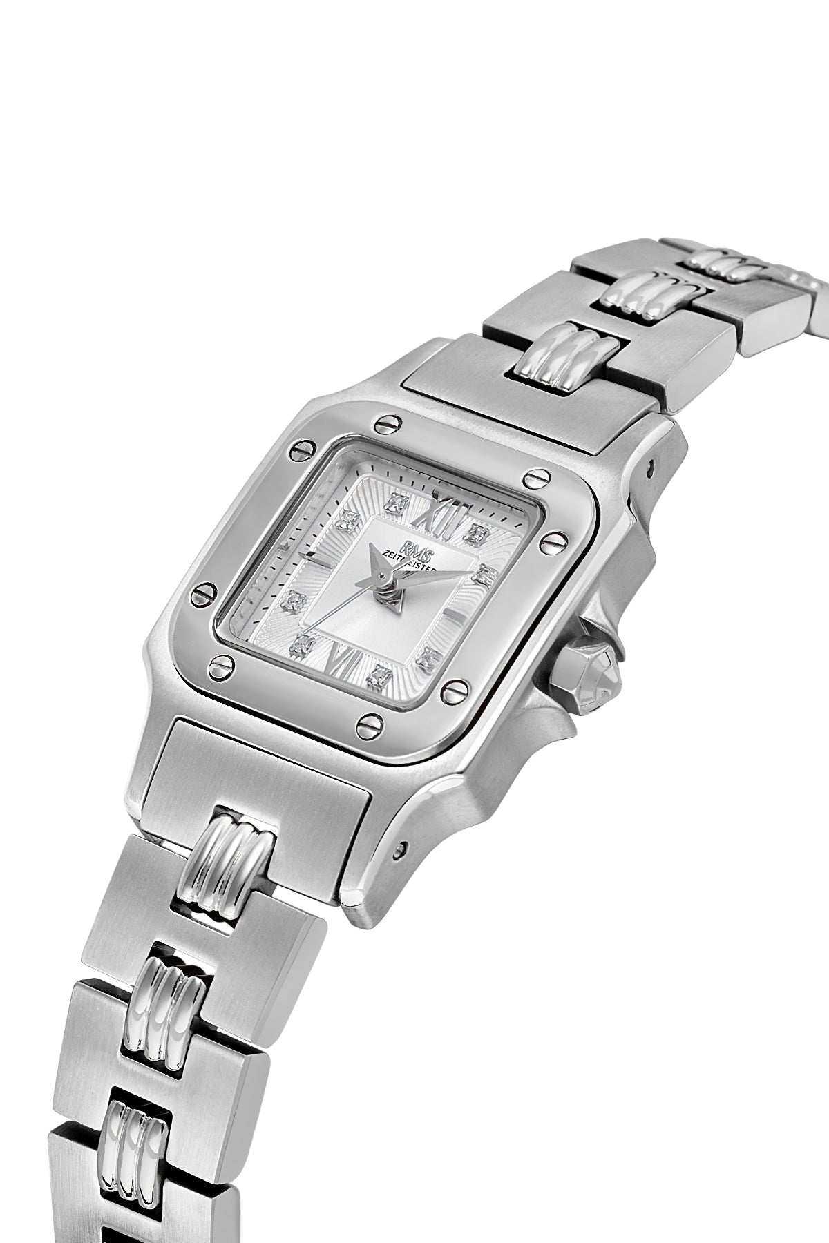 RMS Zeitmeister RMS.1.AG2108.10 women's watch with silver dial, silver case and stainless steel bracelet – angled view