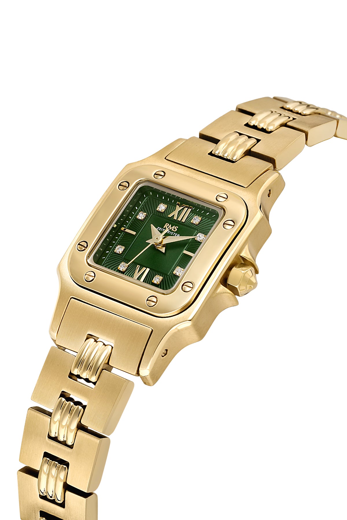 RMS Zeitmeister RMS.1.AG2108.29 women's watch with green dial, gold case and stainless steel bracelet – angled view