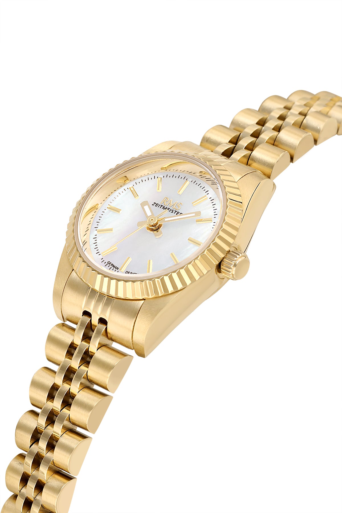 RMS Zeitmeister RMS.1.AG2117.20 women's watch with silver dial, gold case and stainless steel bracelet – angled view