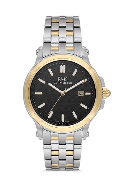 RMS Zeitmeister Black Dial Gold & Silver Plated Men's Watch - Stainless Steel Bracelet - RMS.1.AG2151.42