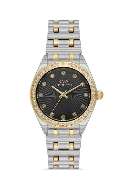 RMS Zeitmeister Black Dial Gold & Silver Plated Women's Watch - Stainless Steel Bracelet - RMS.1.AG2162.42
