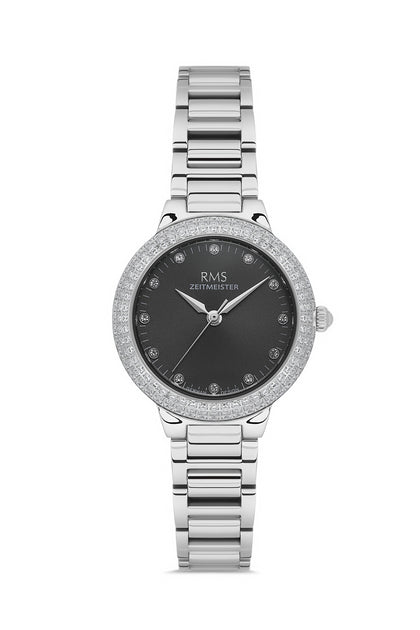 RMS Zeitmeister Black Dial Silver Plated Women's Watch - Stainless Steel Bracelet - RMS.1.AG2165.12
