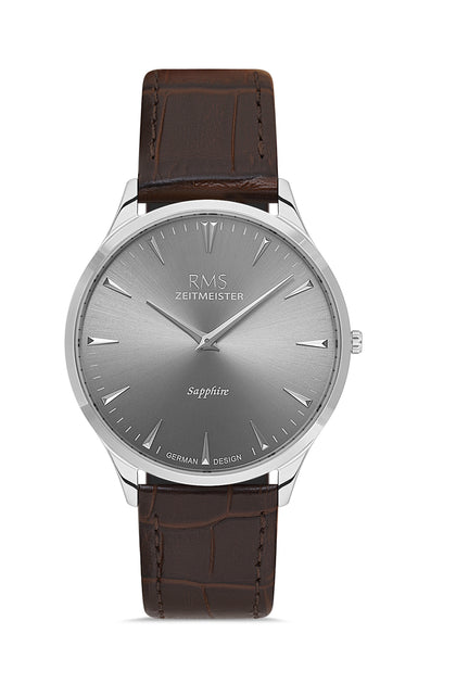 RMS Zeitmeister Grey Dial Silver Plated Men's Watch - Brown Genuine Leather Strap - RMS.1.AG1004.115