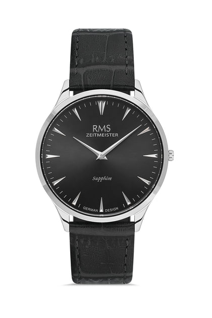 RMS Zeitmeister Black Dial Silver Plated Men's Watch - Black Genuine Leather Strap - RMS.1.AG1004.92