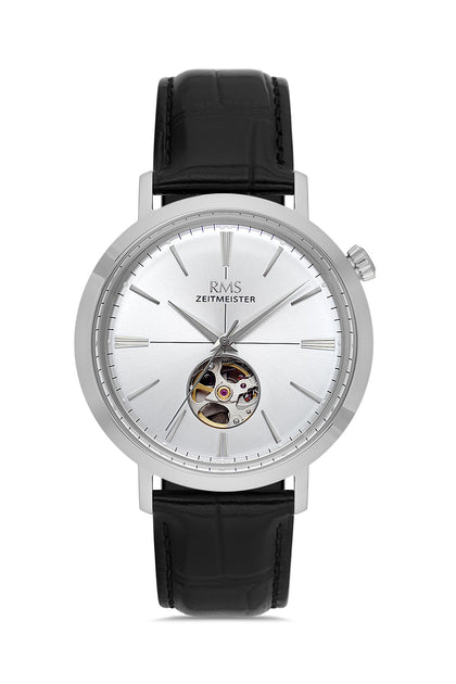RMS Zeitmeister Silver Dial Silver Plated Men's Watch - Black Genuine Leather Strap - RMS.1.AG1476.10