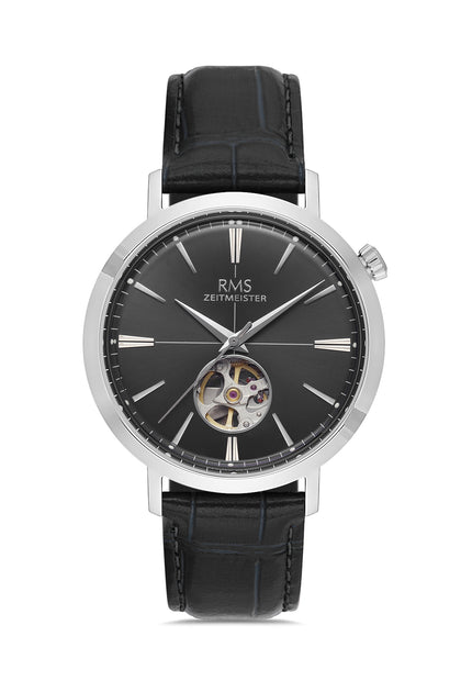 RMS Zeitmeister Black Dial Silver Plated Men's Watch - Black Genuine Leather Strap - RMS.1.AG1476.12