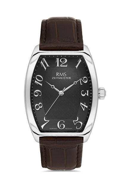RMS Zeitmeister Black Dial Silver Plated Men's Watch - Brown Genuine Leather Strap - RMS.1.AG1533.112