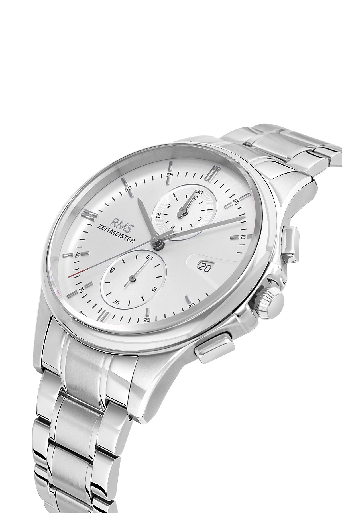 RMS Zeitmeister RMS.1.AG2074.01 men's watch with silver dial, silver case and stainless steel bracelet – angled view