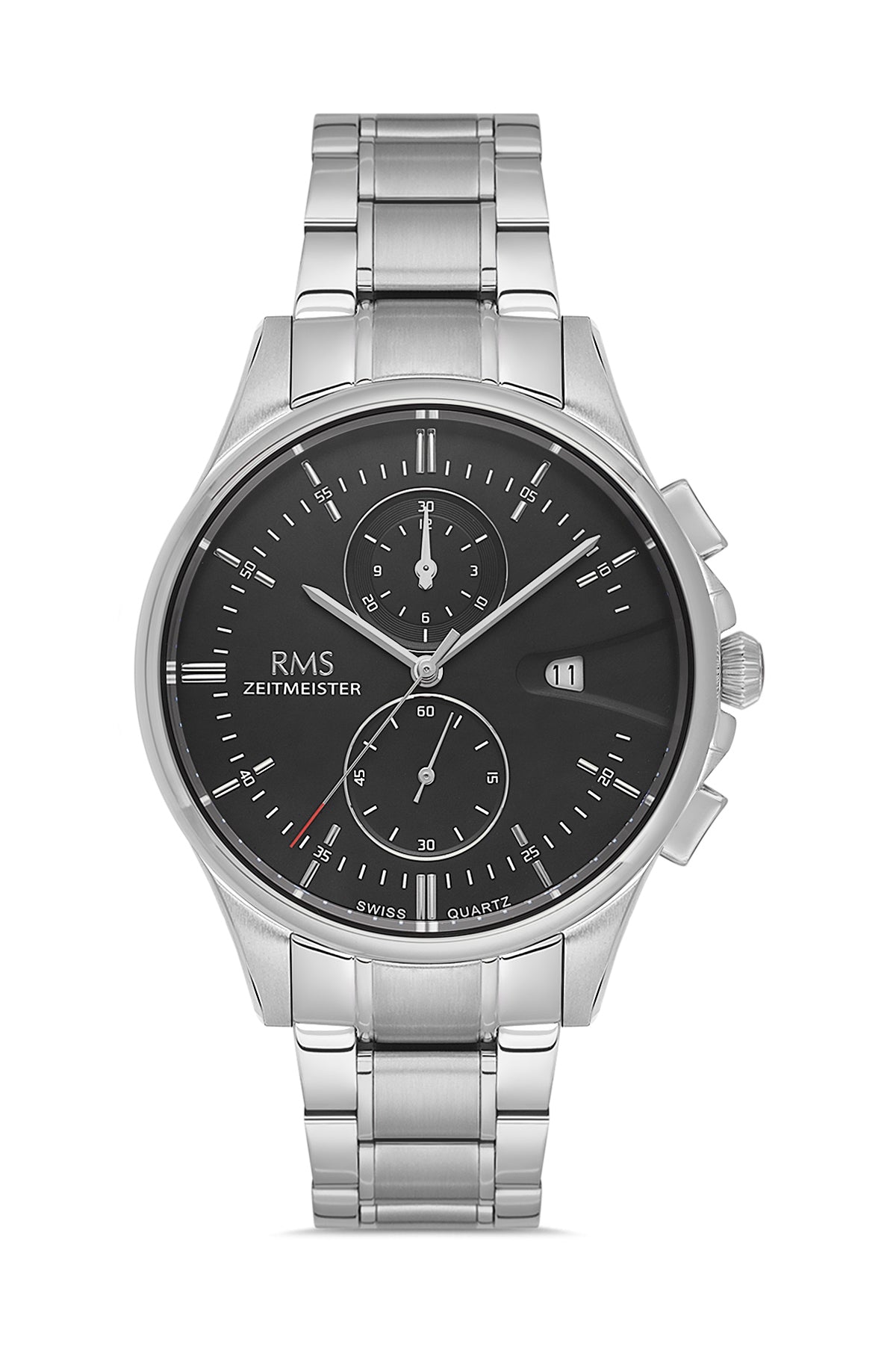 RMS Zeitmeister RMS.1.AG2074.02 men's watch with black dial, silver case and stainless steel bracelet