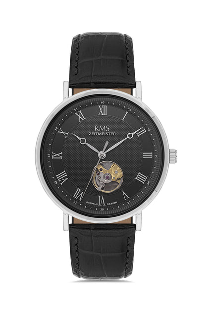 RMS Zeitmeister Black Dial Silver Plated Men's Watch - Black Genuine Leather Strap - RMS.1.AG2091.92