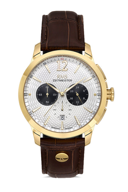 RMS Zeitmeister White Dial Gold Plated Men's Watch - Brown Genuine Leather Strap - RMS.1.AG1259.160