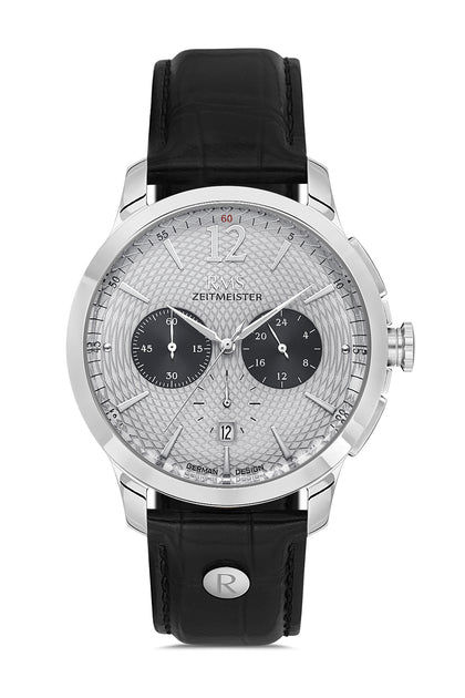 RMS Zeitmeister Grey Dial Silver Plated Men's Watch - Black Genuine Leather Strap - RMS.1.AG1259.915