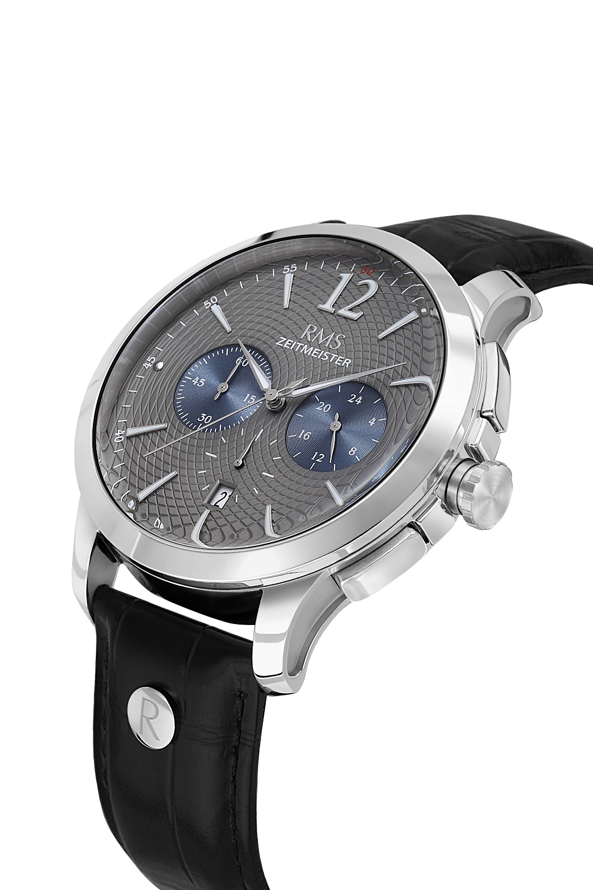 RMS Zeitmeister Grey Dial Silver Plated Men's Watch - Black Genuine Leather Strap - RMS.1.AG1259.916