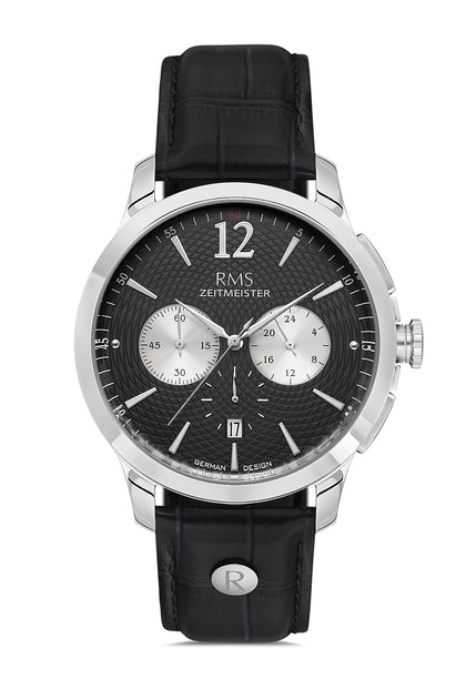 RMS Zeitmeister Black Dial Silver Plated Men's Watch - Black Genuine Leather Strap - RMS.1.AG1259.92