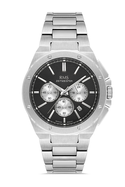 RMS Zeitmeister Black Dial Silver Plated Men's Watch - Stainless Steel Bracelet - RMS.1.AG2134.12