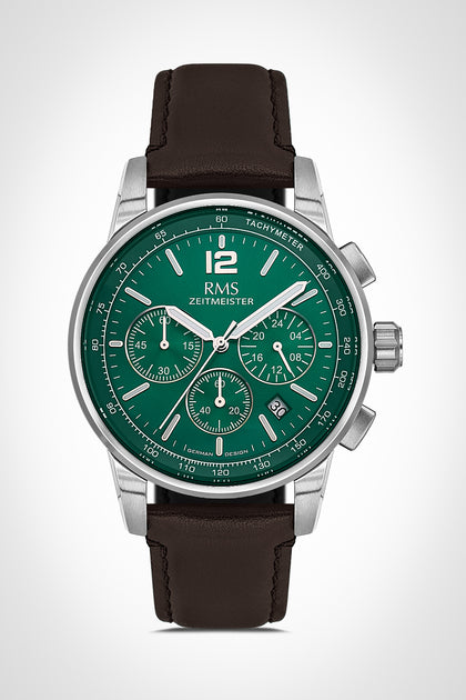 RMS Zeitmeister Green Dial Silver Plated Men's Watch - Brown Genuine Leather Strap - RMS.1.AG2161.119