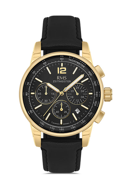 RMS Zeitmeister Black Dial Gold Plated Men's Watch - Black Genuine Leather Strap - RMS.1.AG2161.172