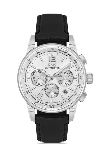 RMS Zeitmeister White Dial Silver Plated Men's Watch - Black Genuine Leather Strap - RMS.1.AG2161.90