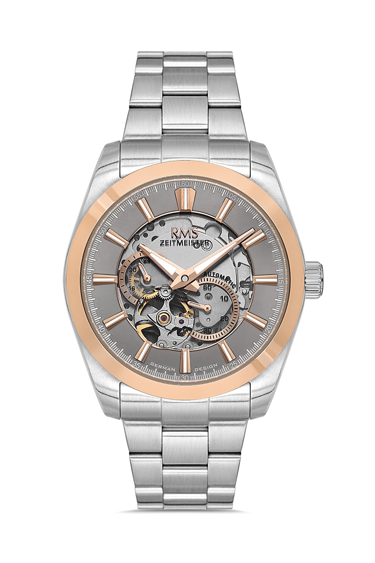 RMS Zeitmeister Silver Dial Two-Tone Rose Plated Men's Watch - Stainless Steel Bracelet - RMS.1.AG2195.515