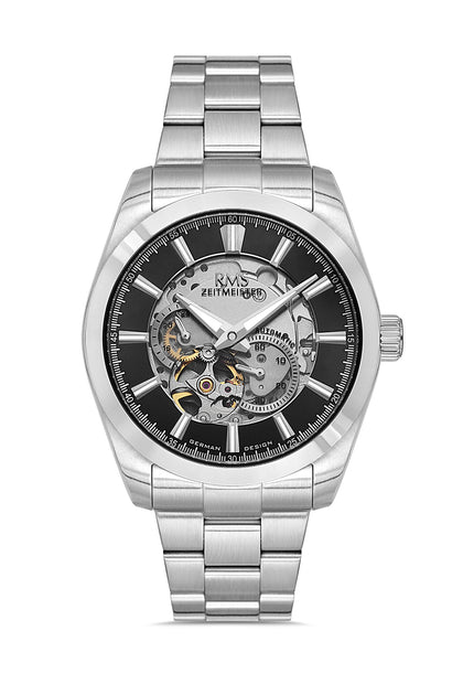 RMS Zeitmeister Black Dial Silver Plated Men's Watch - Stainless Steel Bracelet - RMS.1.AG2195.12