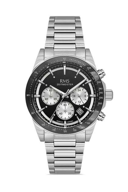 RMS Zeitmeister Black Dial Silver Plated Men's Watch - Stainless Steel Bracelet - RMS.1.AG2198.12