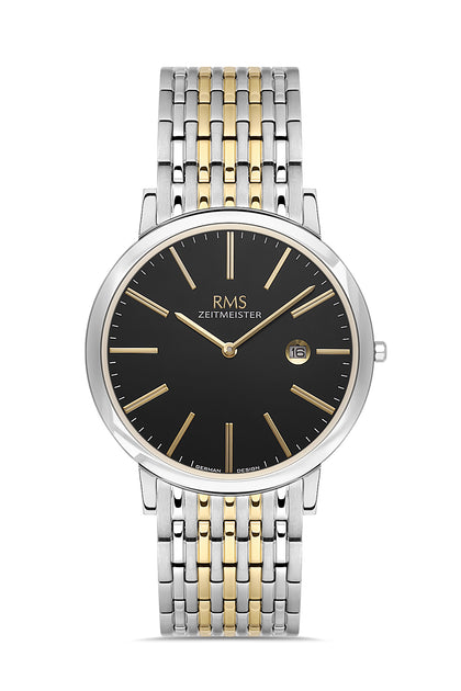 RMS Zeitmeister Black Dial Gold & Silver Plated Men's Watch - Stainless Steel Bracelet - RMS.1.AG2208.42