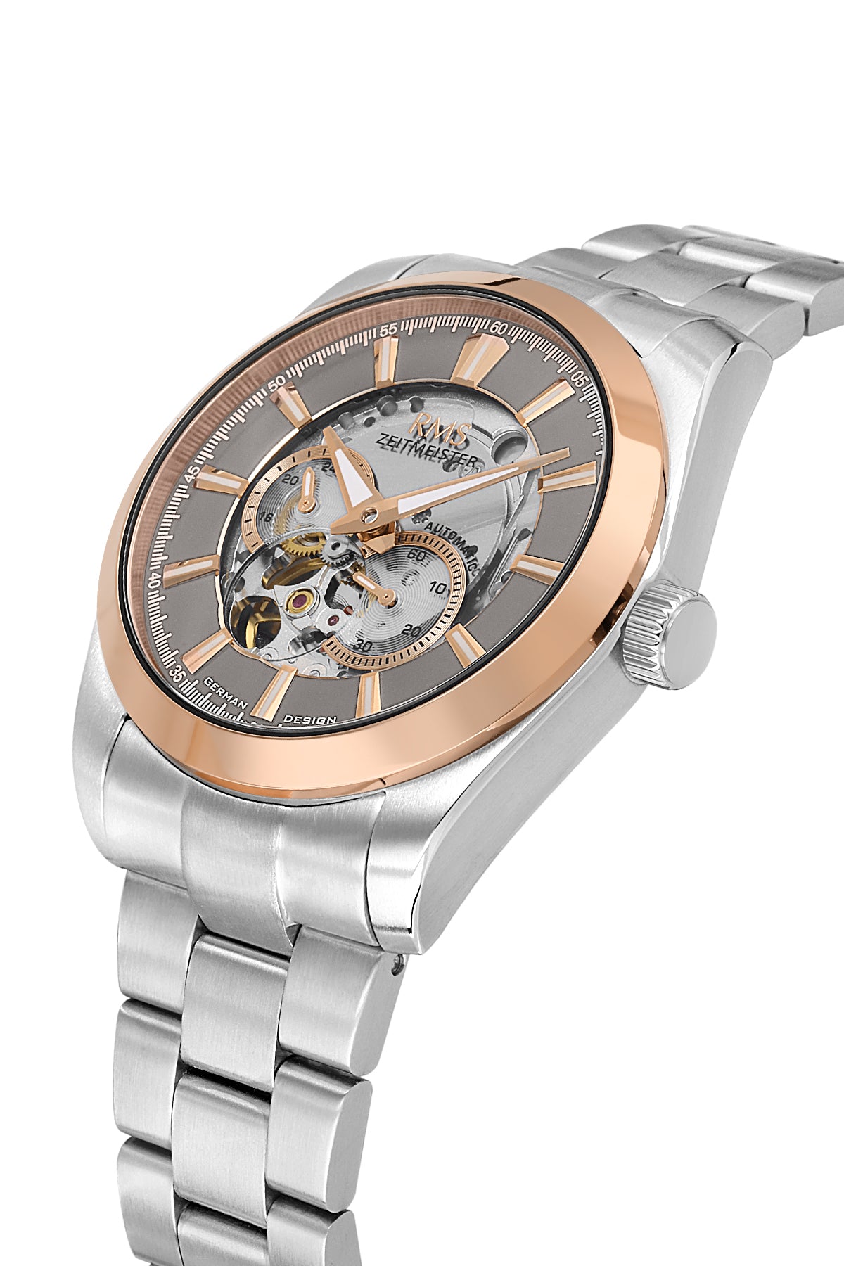 RMS Zeitmeister Silver Dial Two-Tone Rose Plated Men's Watch - Stainless Steel Bracelet - RMS.1.AG2195.515