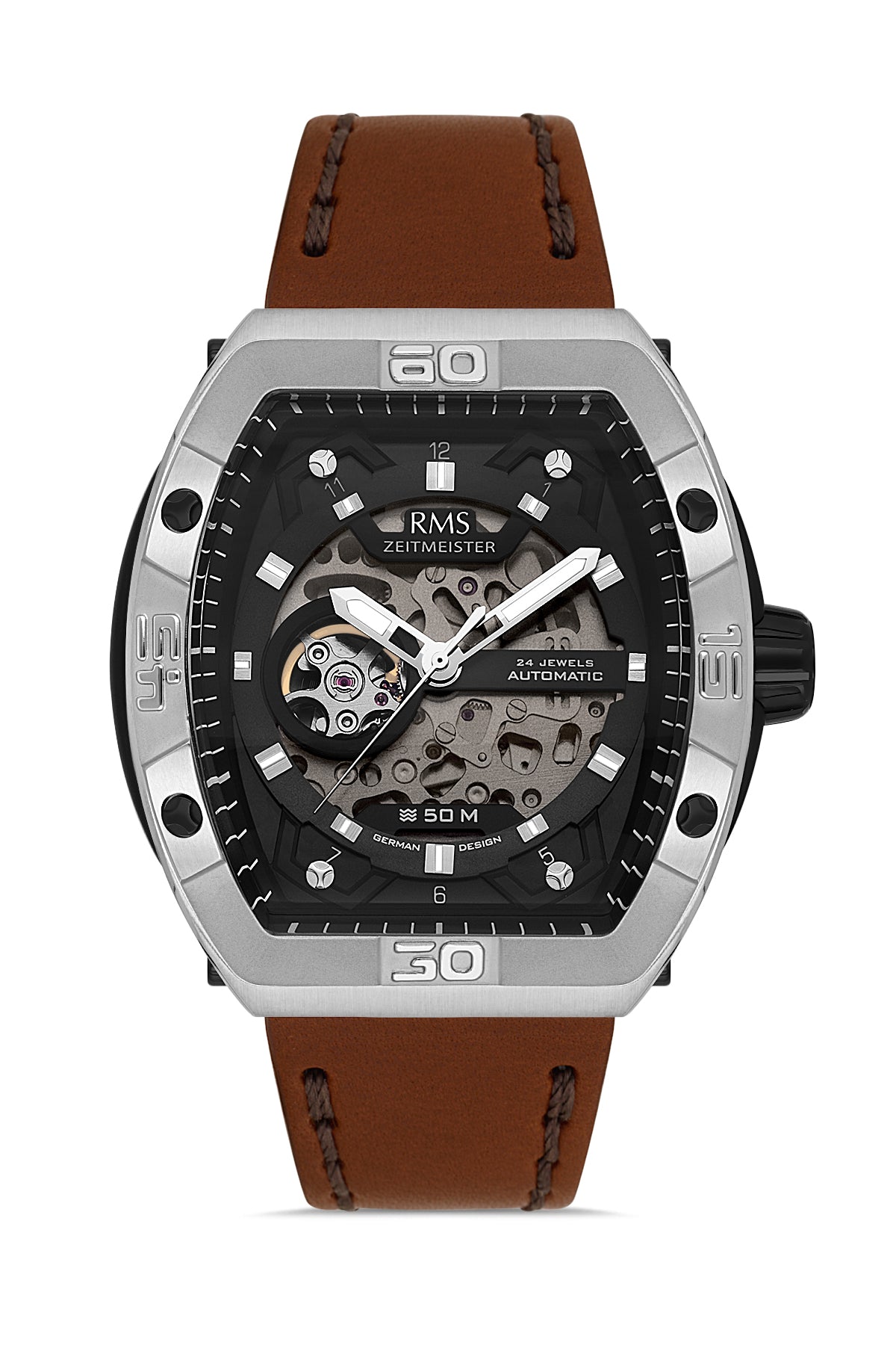 RMS Zeitmeister Black Dial Silver Plated Men's Watch - Brown Genuine Leather Strap - RMS.1.AG2235.112