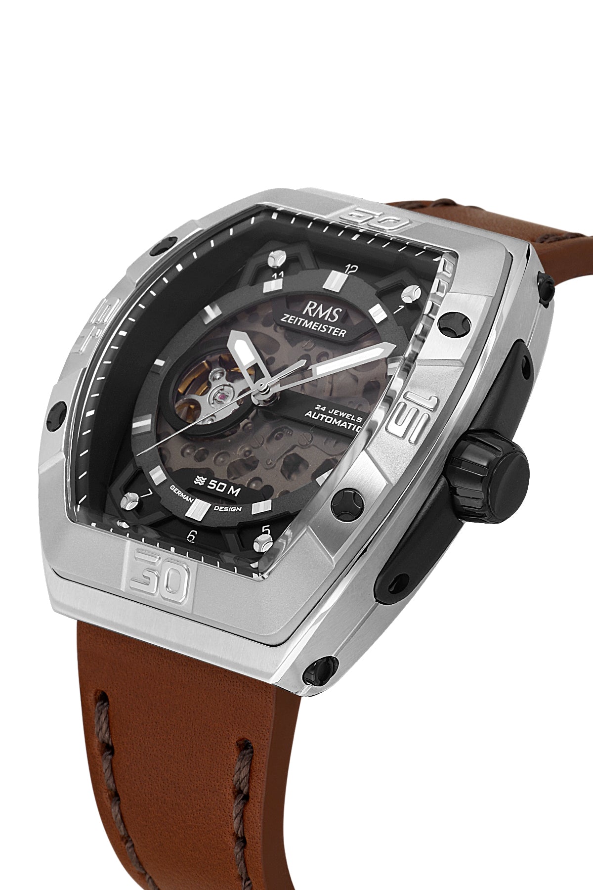 RMS Zeitmeister Black Dial Silver Plated Men's Watch - Brown Genuine Leather Strap - RMS.1.AG2235.112
