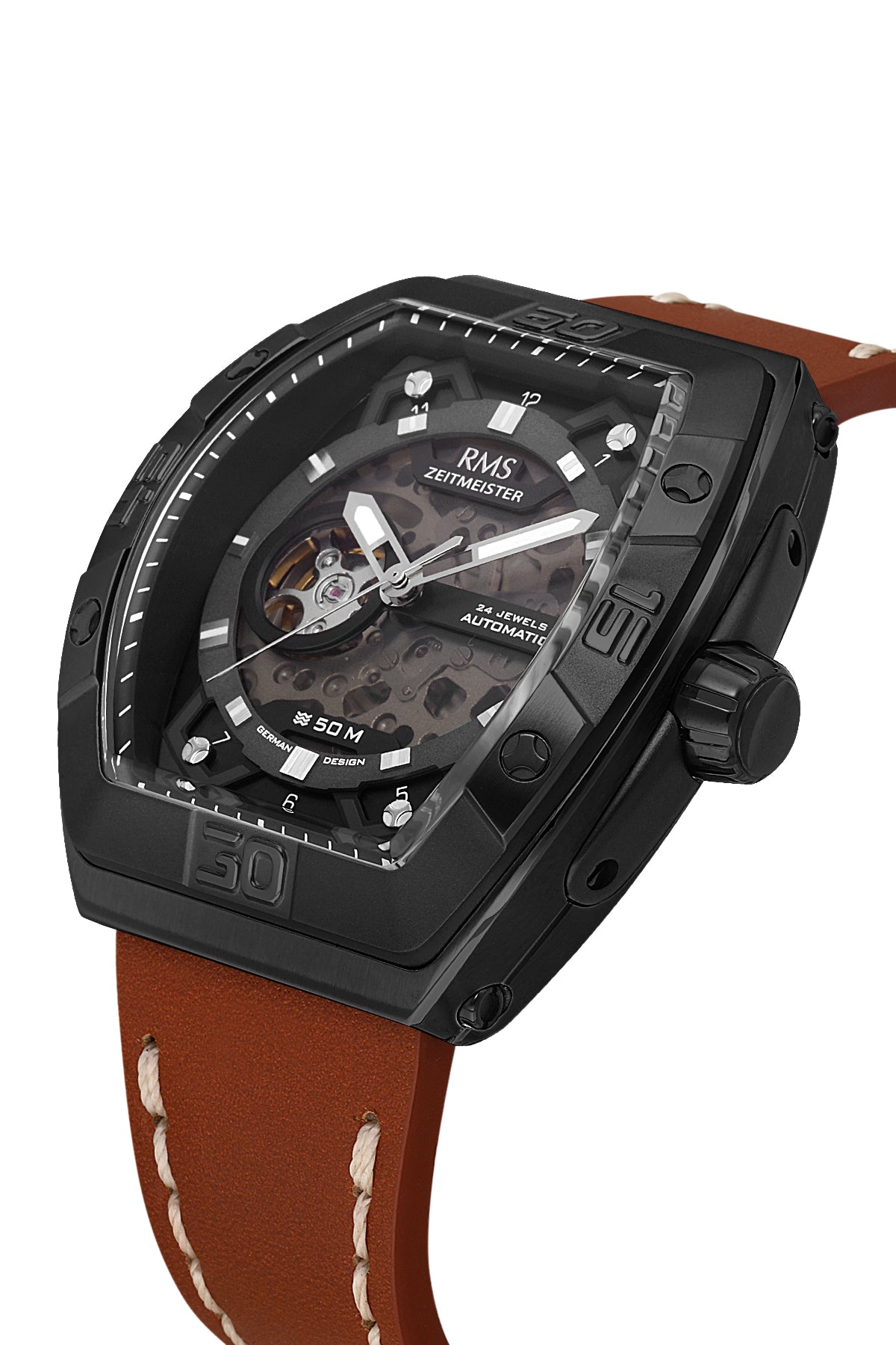 RMS Zeitmeister RMS.1.AG2235.202 men's watch with black dial, black case and genuine leather strap – angled view