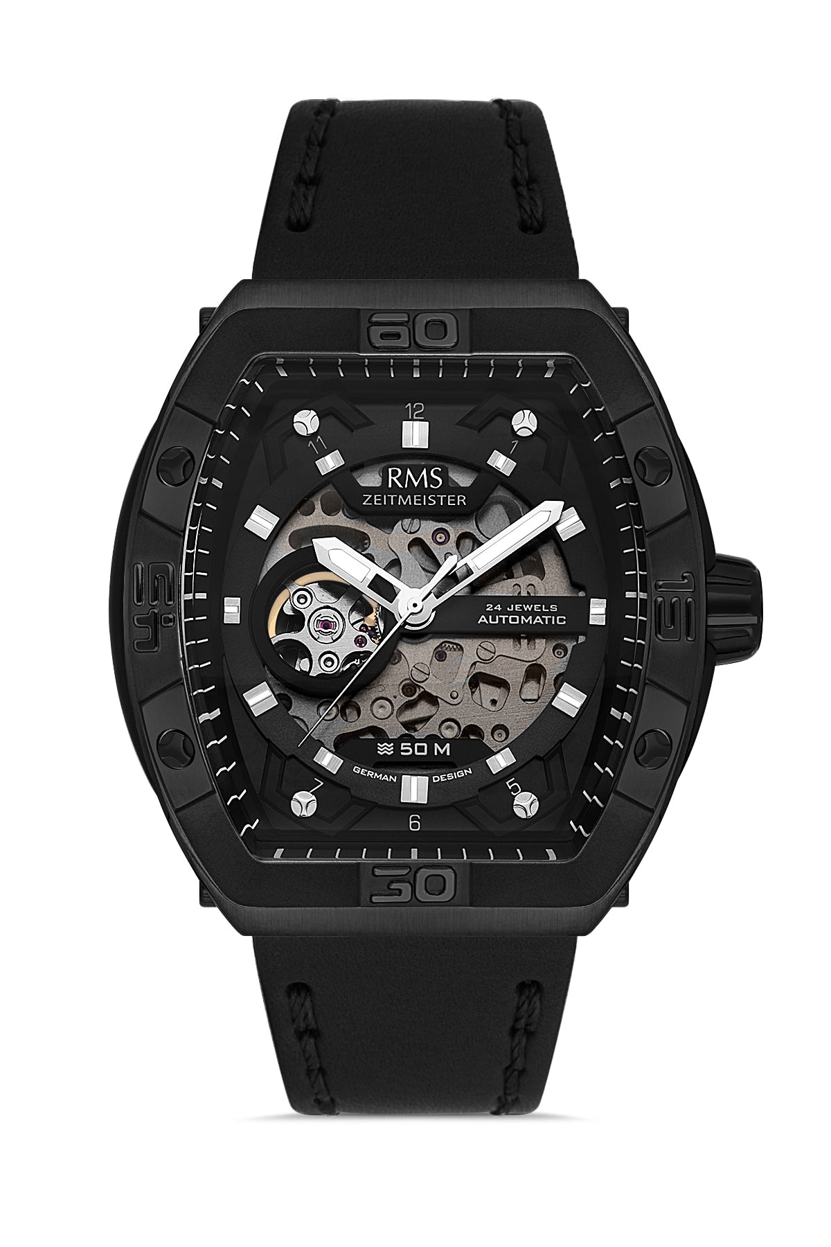 RMS Zeitmeister Black Dial Black Plated Men's Watch - Black Genuine Leather Strap - RMS.1.AG2235.62