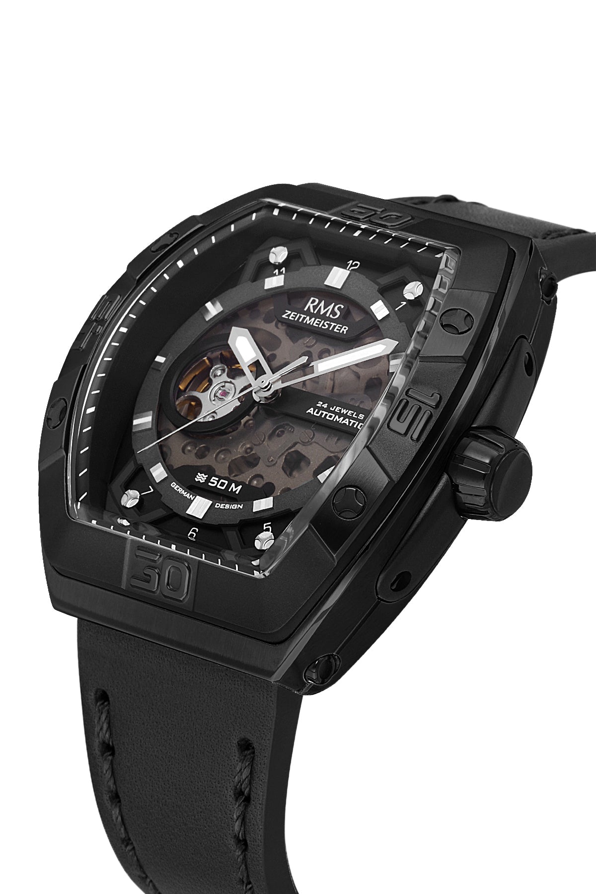 RMS Zeitmeister Black Dial Black Plated Men's Watch - Black Genuine Leather Strap - RMS.1.AG2235.62