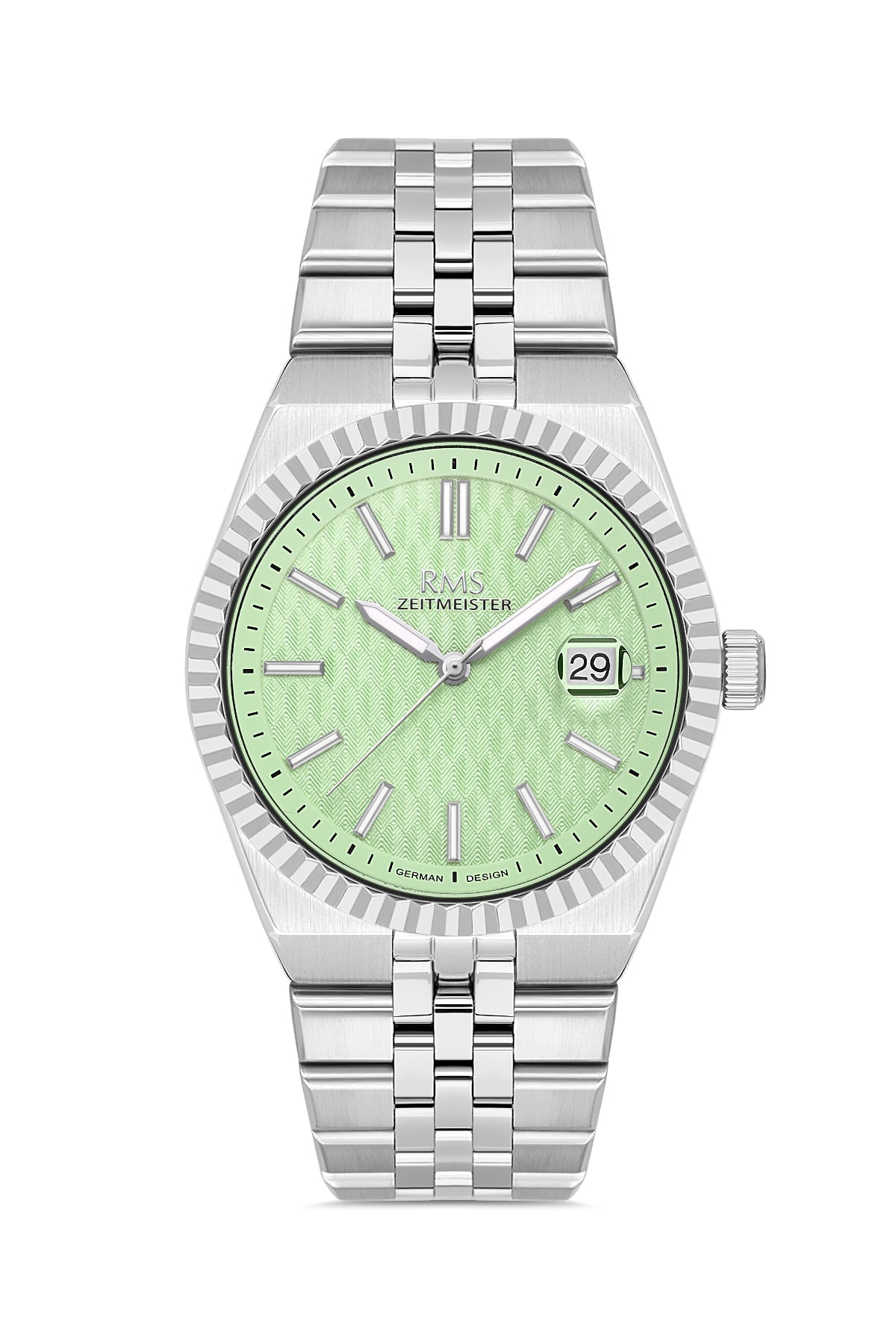 RMS Zeitmeister Light Green Dial Silver Plated Men's Watch - Stainless Steel Bracelet - RMS.1.AG2173.110