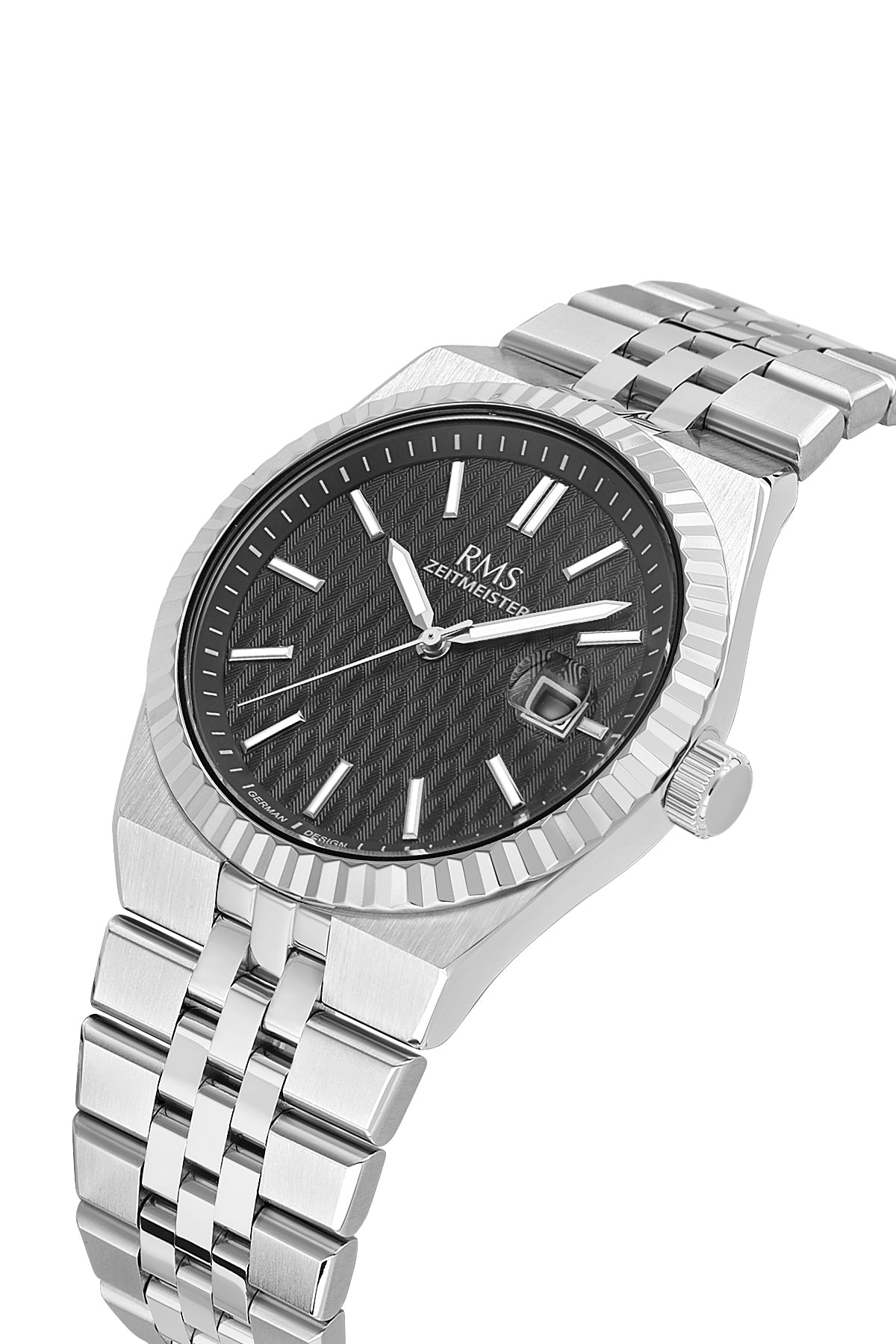 RMS Zeitmeister Black Dial Silver Plated Men's Watch - Stainless Steel Bracelet - RMS.1.AG2173.12