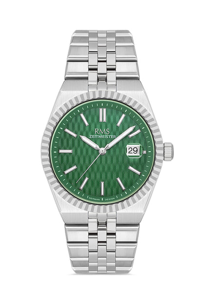 RMS ZEITMEISTER Herrenuhr – grünes Zifferblatt, Gehäuse in Silber, Edelstahlarmband – RMS.1.AG2173.19