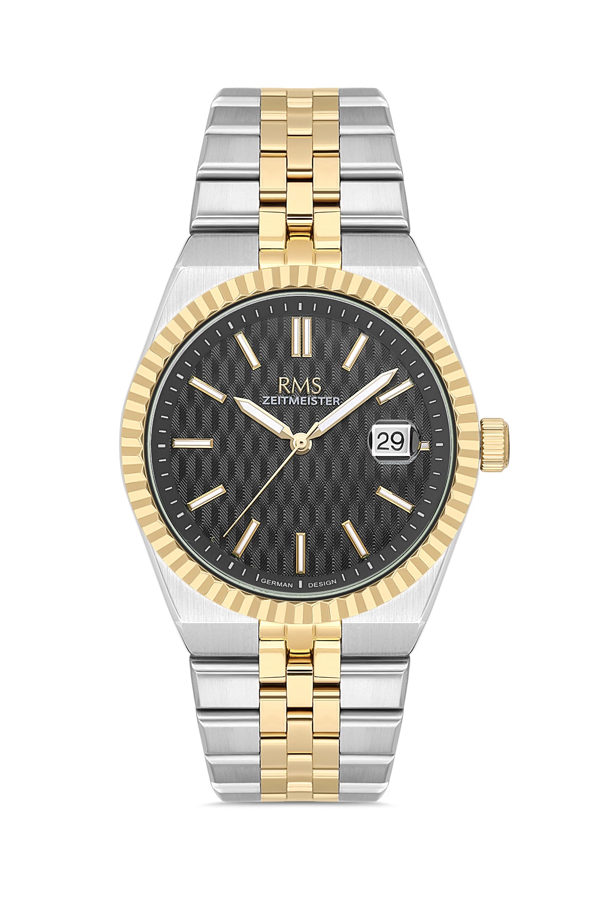 RMS Zeitmeister Black Dial Gold & Silver Plated Men's Watch - Stainless Steel Bracelet - RMS.1.AG2173.42