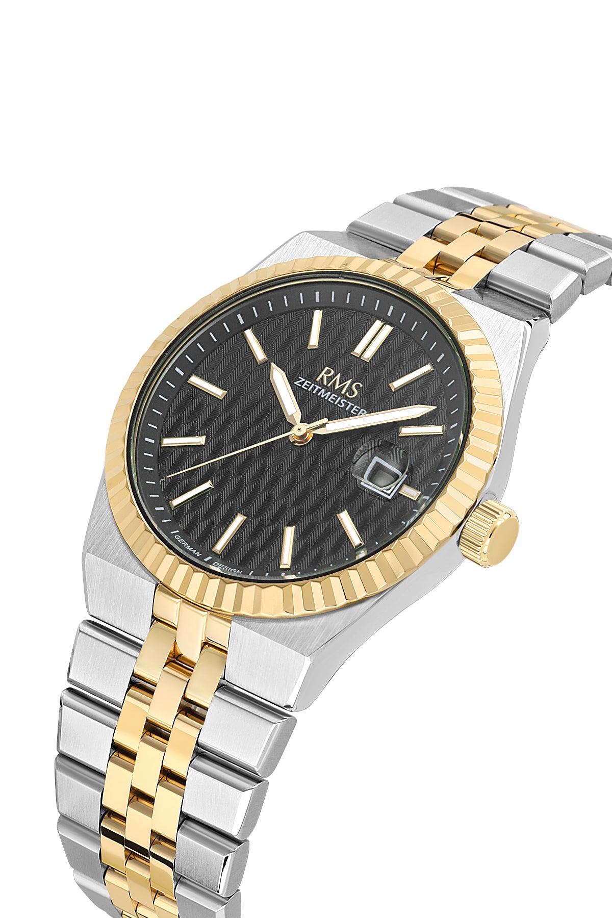 RMS Zeitmeister Black Dial Gold & Silver Plated Men's Watch - Stainless Steel Bracelet - RMS.1.AG2173.42