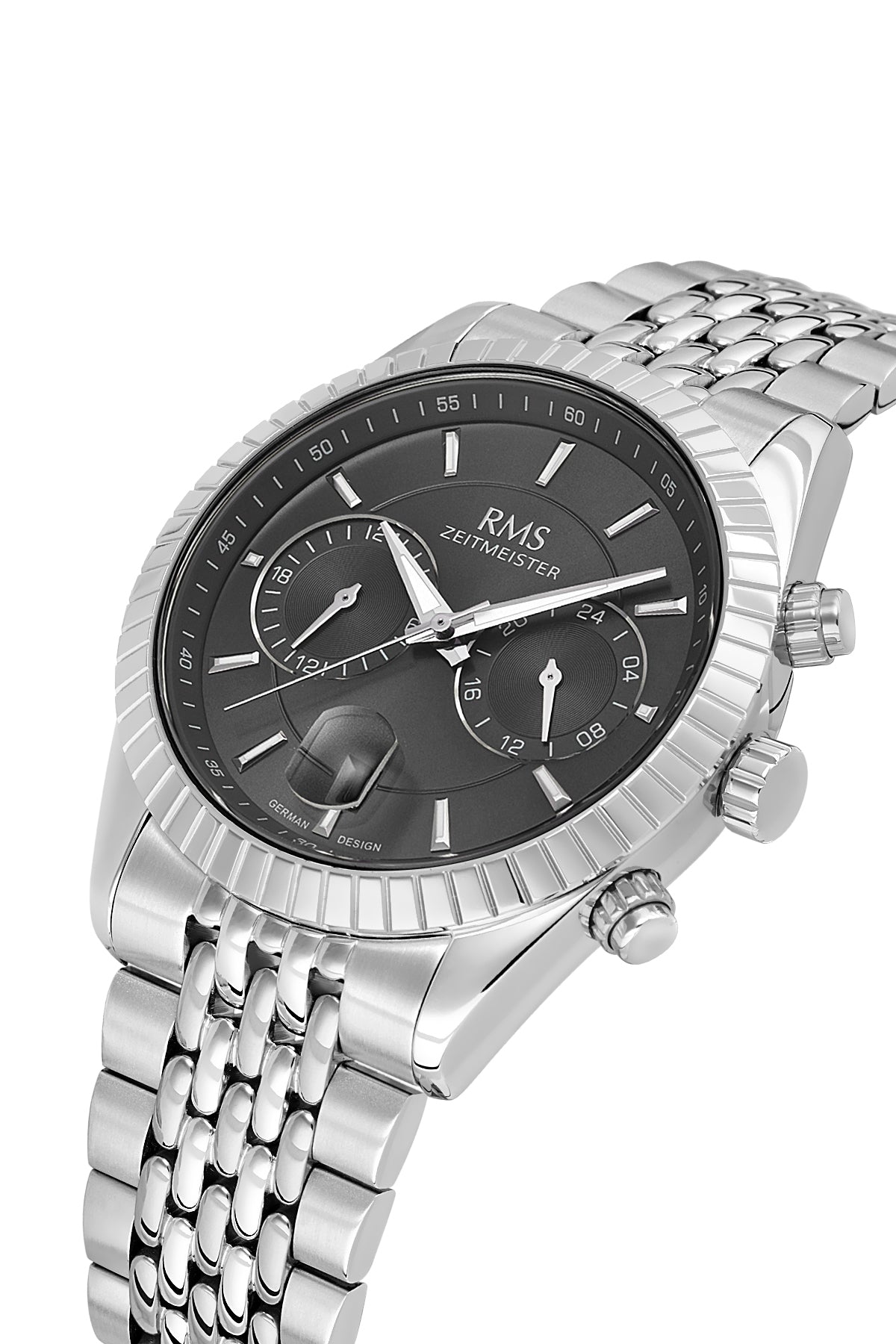 RMS Zeitmeister Black Dial Silver Plated Men's Watch - Stainless Steel Bracelet - RMS.1.AG2184.12