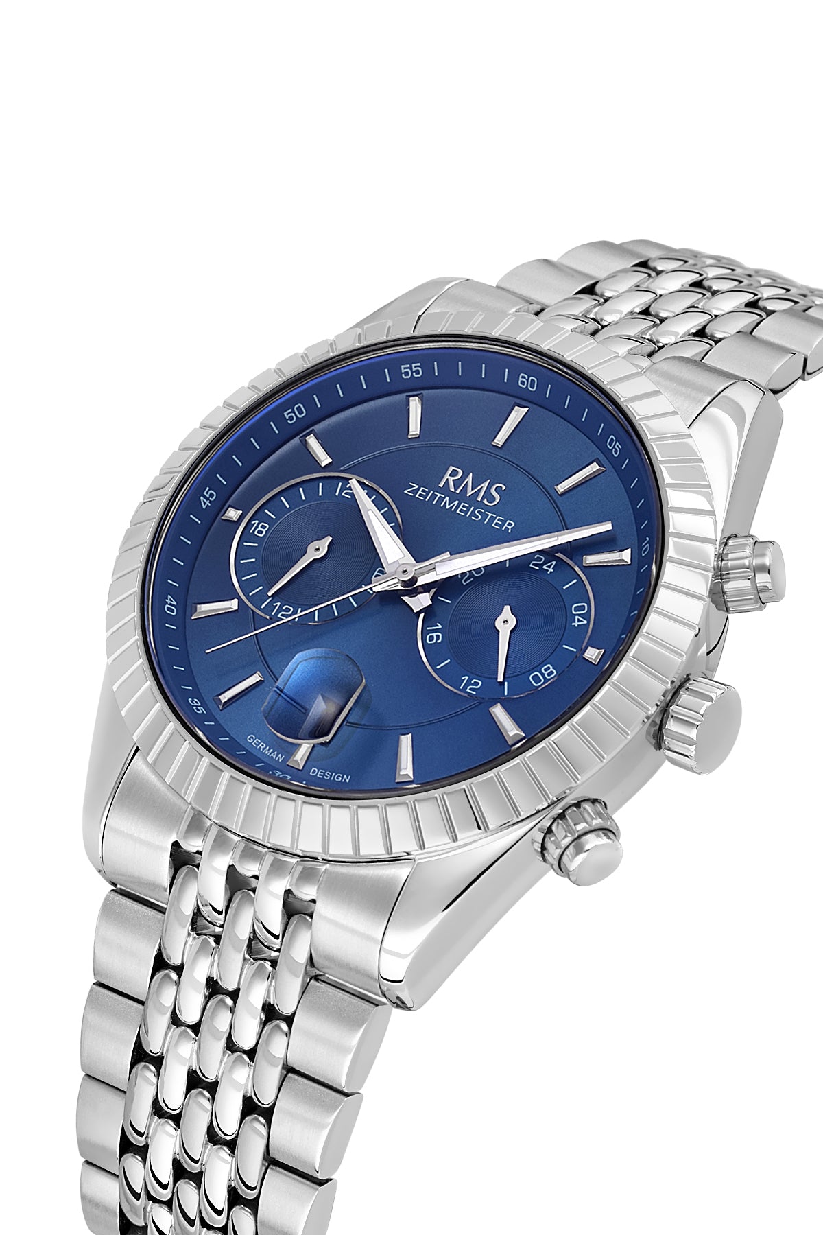 RMS Zeitmeister Blue Dial Silver Plated Men's Watch - Stainless Steel Bracelet - RMS.1.AG2184.13